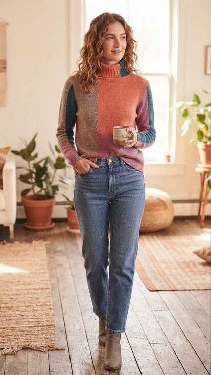 Sundance Sweaters - Sundance Colorblock Turtleneck Sweater Women's Medium Cotton Silk Blend Multicol